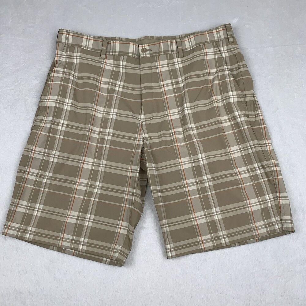 Nike Golf Chino Mens Medium 38 (37*) Tan Beige Plaid Shorts Sports Outdoors EUC